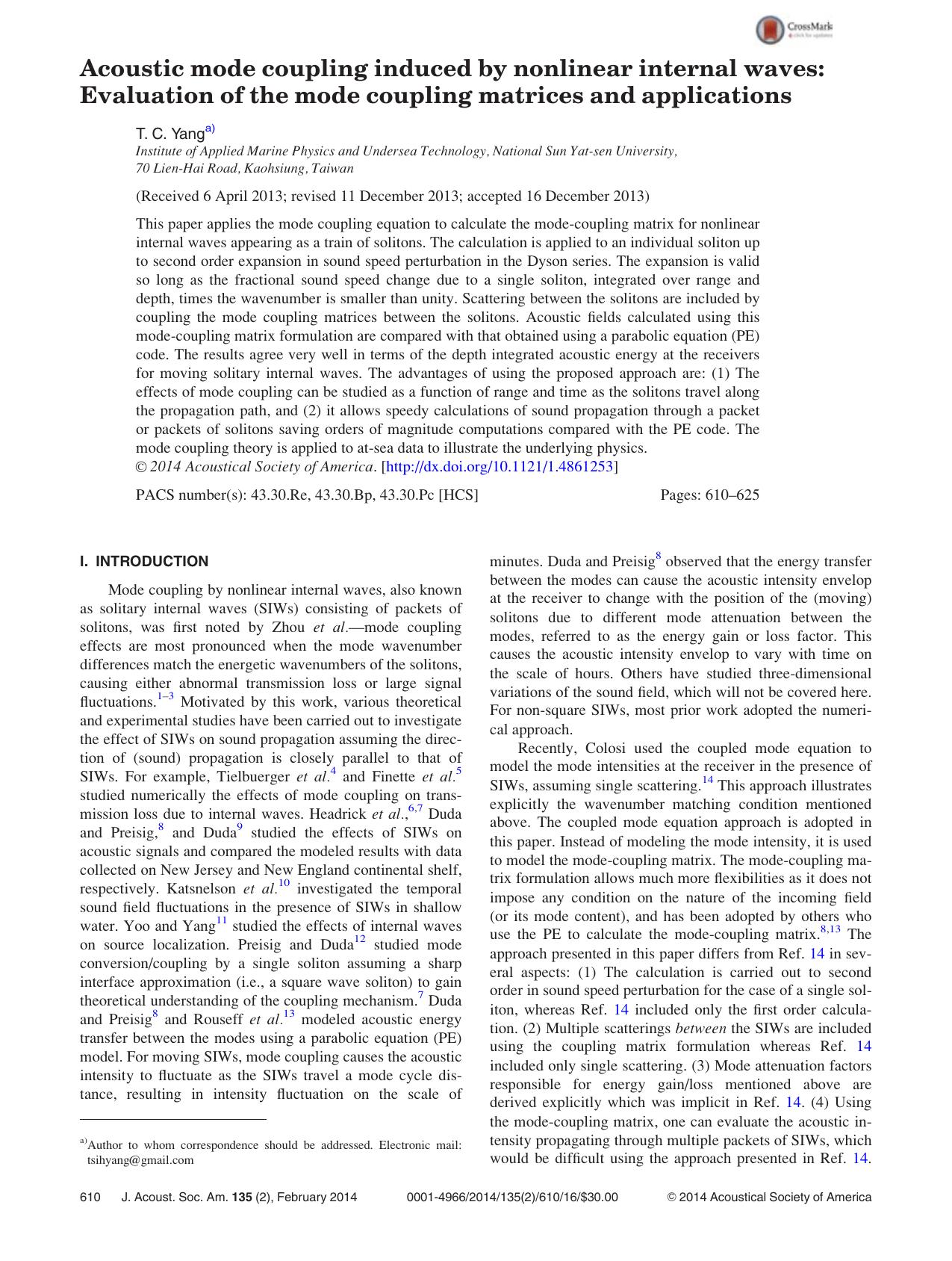 Acoustic mode coupling induced by nonlinear internal waves: Evaluation of the mode coupling matrices and applications by T. C. Yanga)