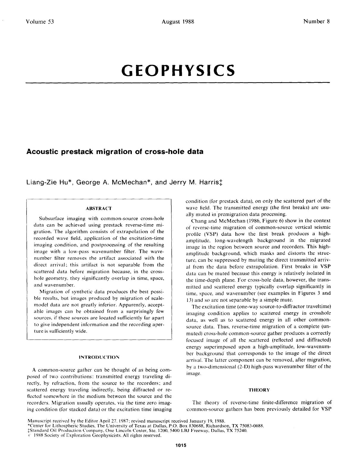Acoustic prestack migration of cross-hole data by Hu L. -Z.; McMechan G. A.; Harris J. M