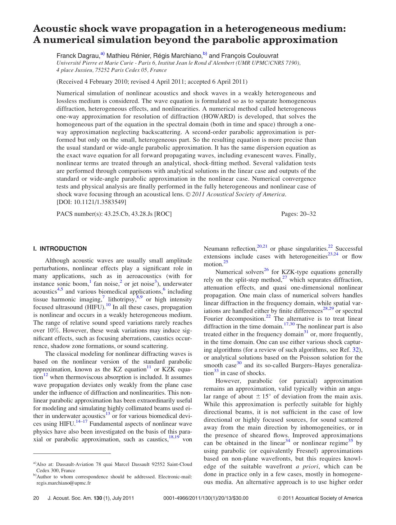 Acoustic shock wave propagation in a heterogeneous medium: A numerical simulation beyond the parabolic approximation by Franck Dagrau Mathieu Re´ nier Re´gis Marchiano and Franc¸ois Coulouvrat