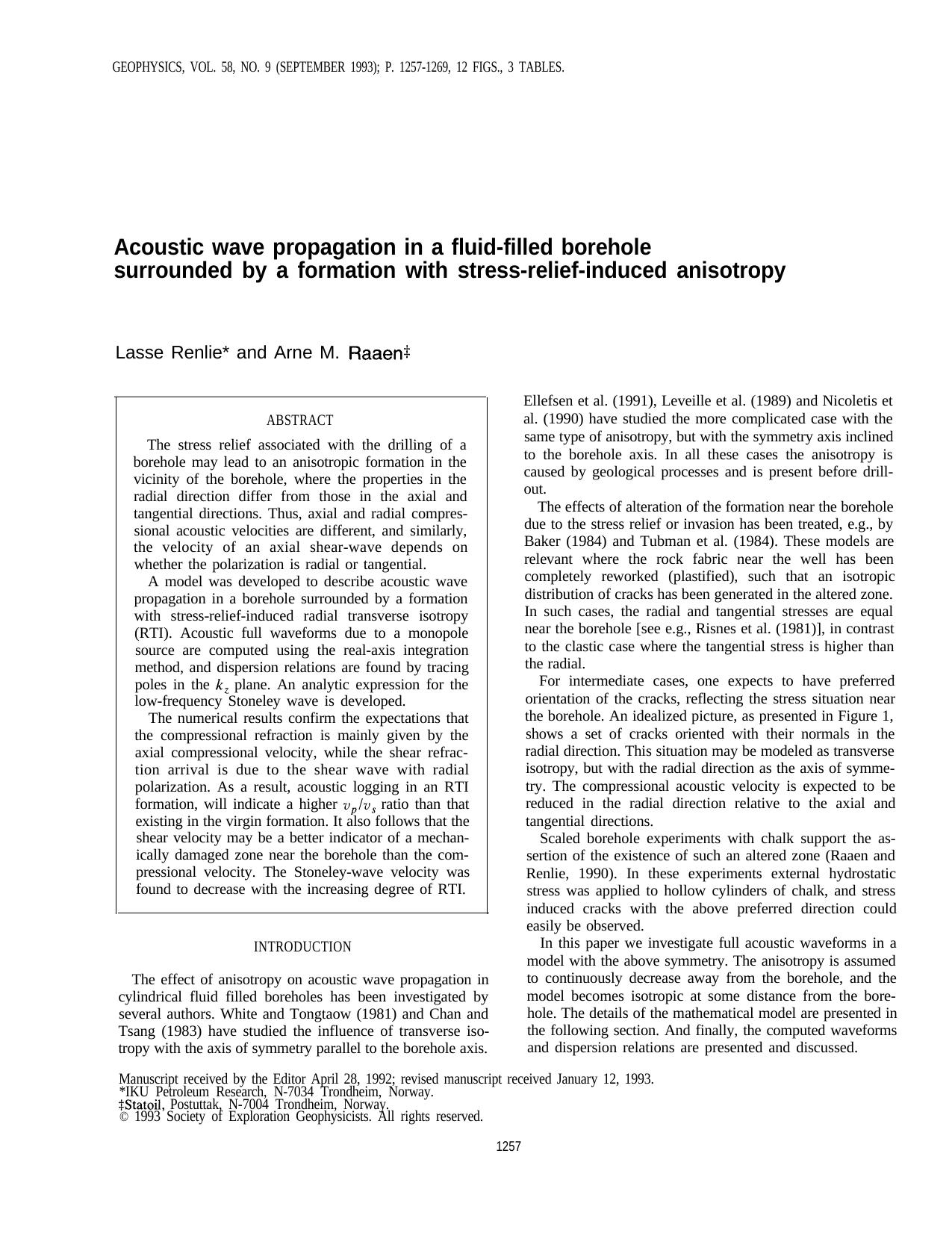 Acoustic wave propagation in a fluid-filled borehole surrounded by a formation with stress-relief-induced anisotropy by L. Renlie A.M. Raaen