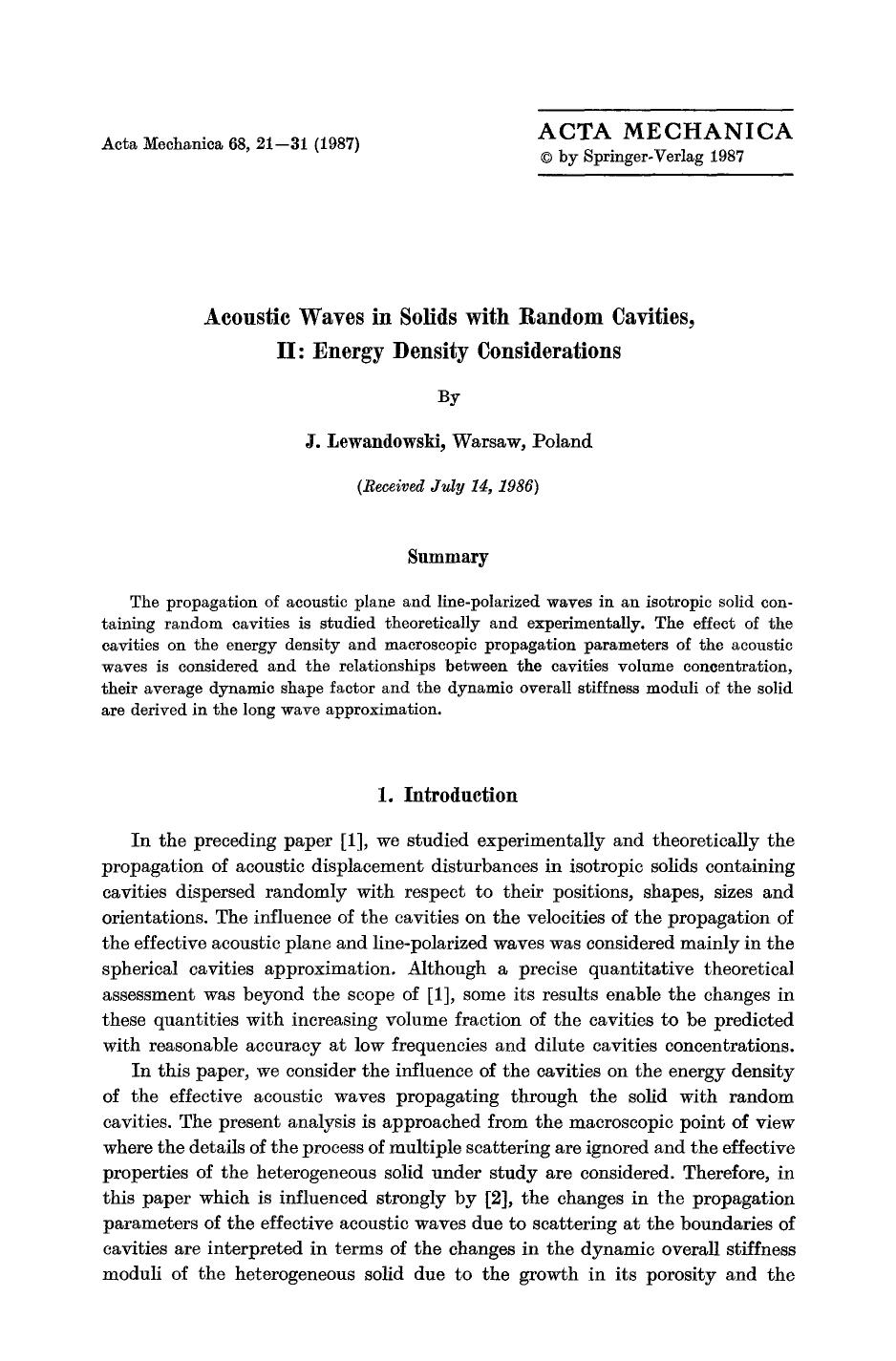 Acoustic waves in solids with random cavities, II: Energy density considerations by Unknown