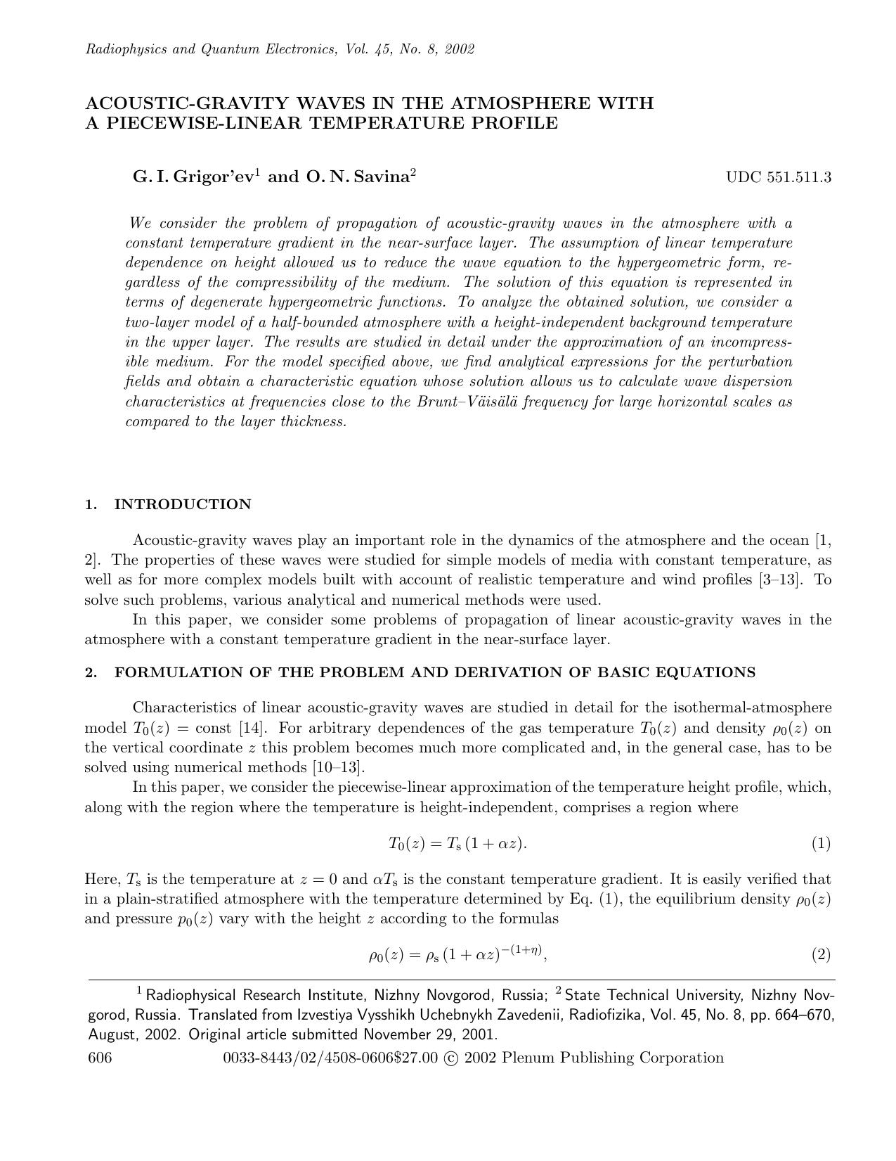 Acoustic-Gravity Waves in the Atmosphere with a Piecewise-Linear Temperature Profile by Unknown