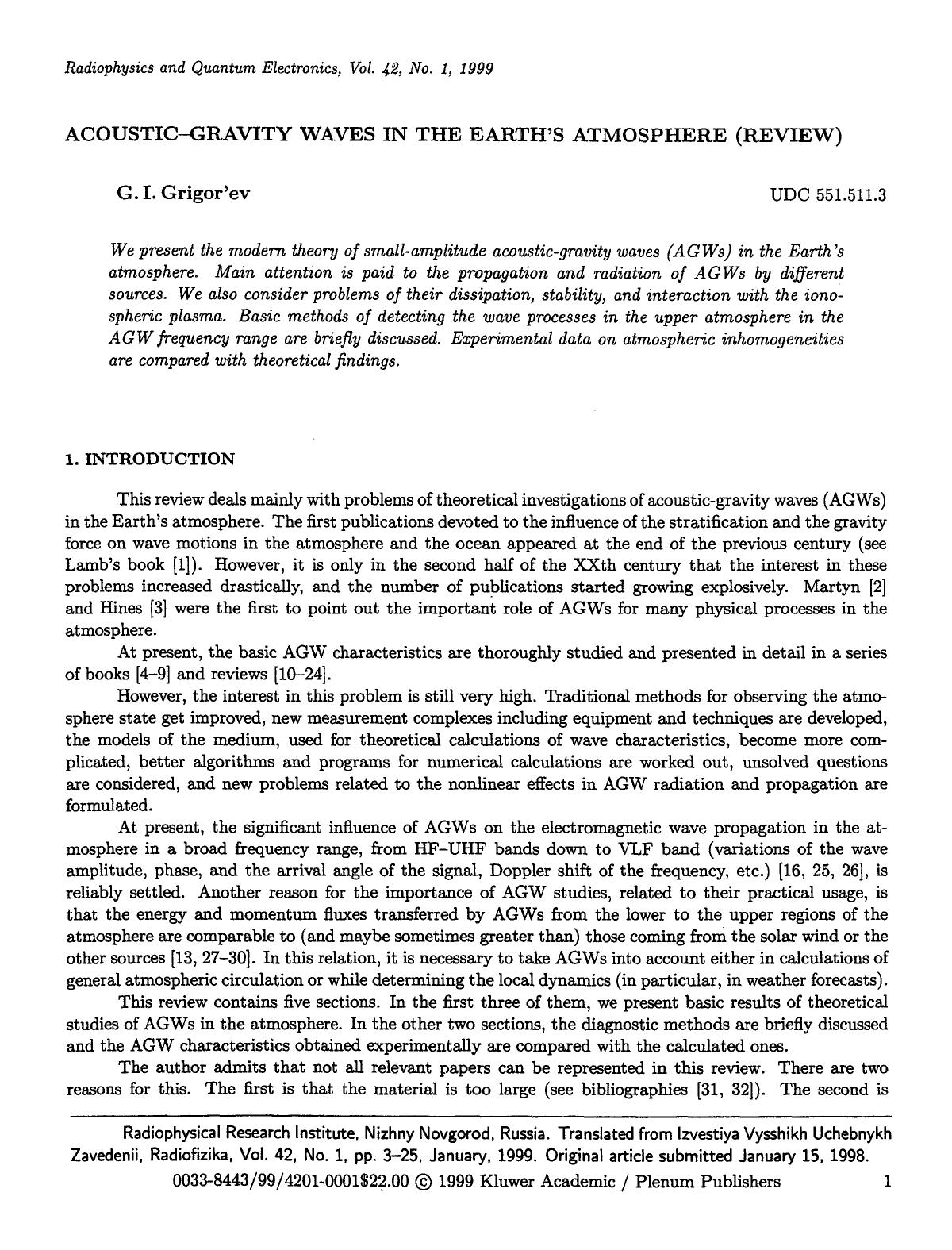 Acoustic-gravity waves in the earth&#x2019;s atmosphere (review) by Unknown