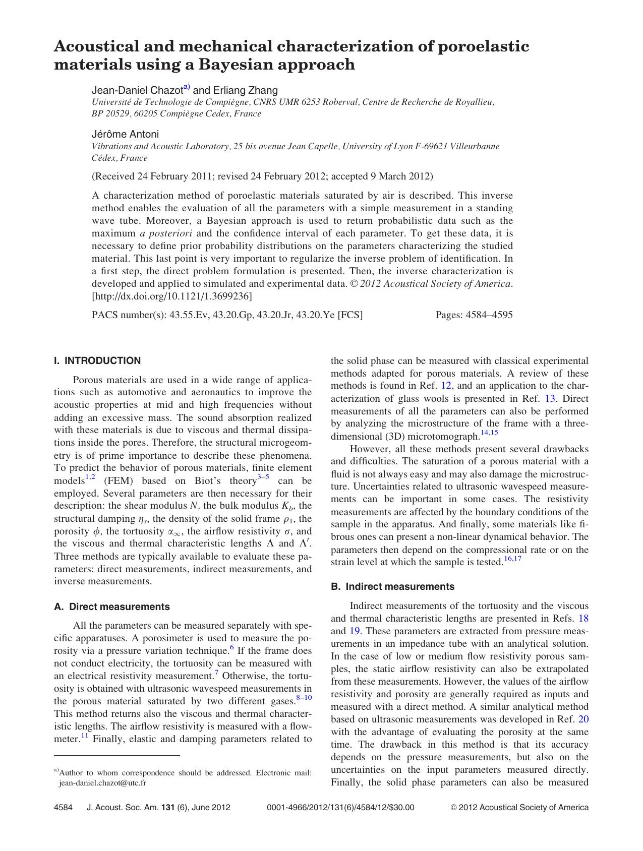 Acoustical and mechanical characterization of poroelastic materials using a Bayesian approach by Jean-Daniel Chazota) and Erliang Zhang and Je´roˆme Antoni