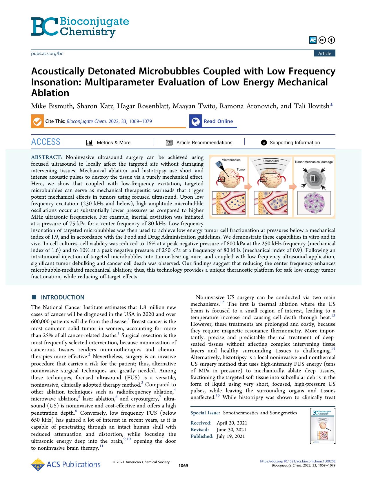 Acoustically Detonated Microbubbles Coupled with Low Frequency Insonation: Multiparameter Evaluation of Low Energy Mechanical Ablation by Mike Bismuth Sharon Katz Hagar Rosenblatt Maayan Twito Ramona Aronovich and Tali Ilovitsh