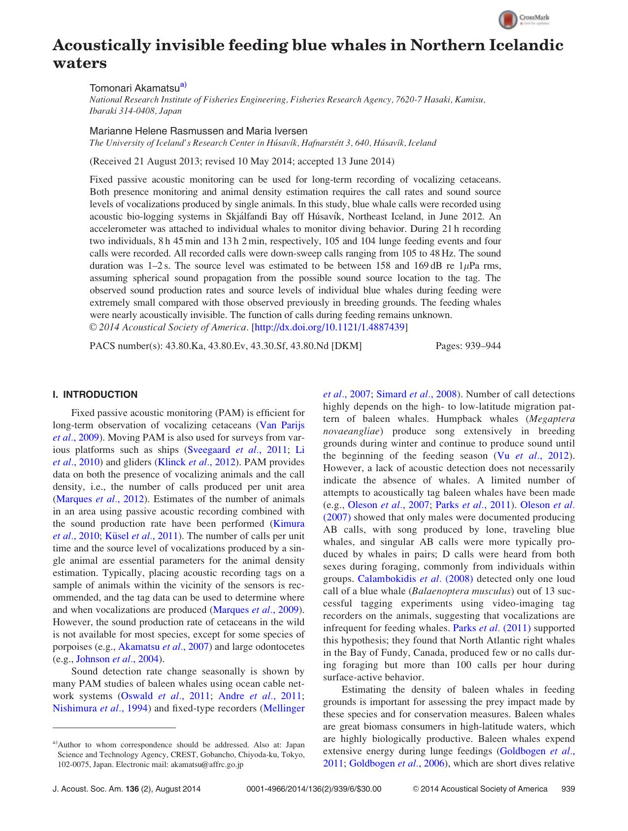 Acoustically invisible feeding blue whales in Northern Icelandic waters by Tomonari Akamatsu & Marianne Helene Rasmussen & Maria Iversen