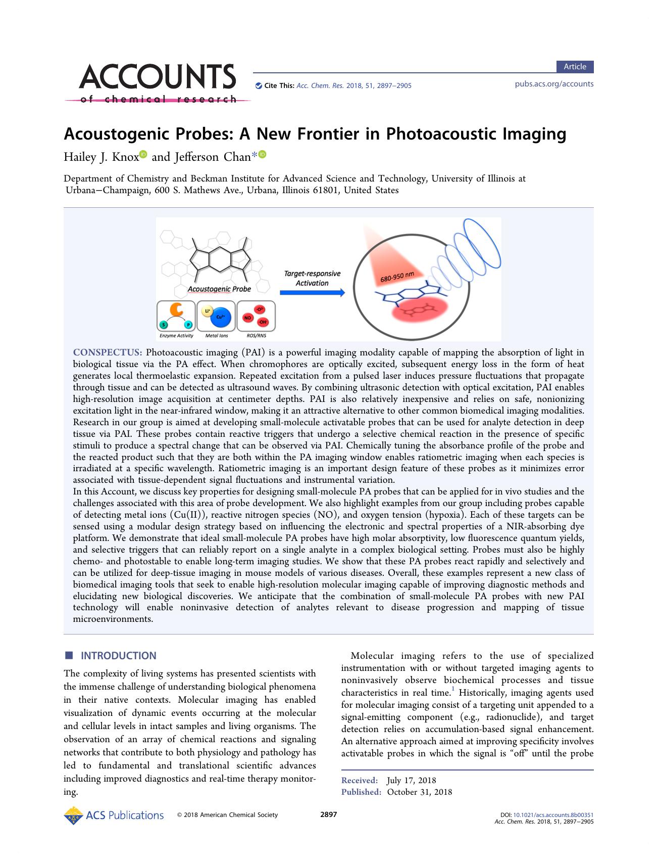 Acoustogenic Probes: A New Frontier in Photoacoustic Imaging by Hailey J. Knox; Jefferson Chan & Jefferson Chan