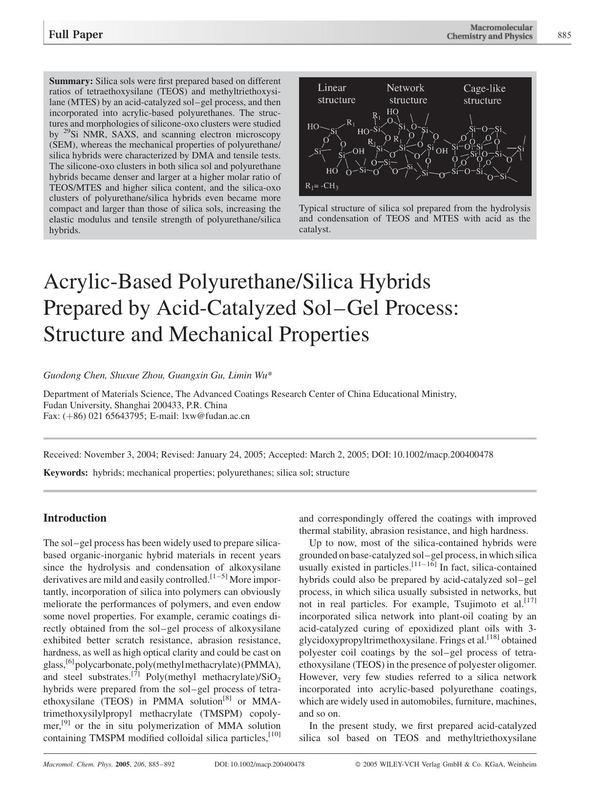 Acrylic-Based PolyurethaneSilica Hybrids Prepared by Acid-Catalyzed Sol-Gel Process: Structure and Mechanical Properties by Unknown