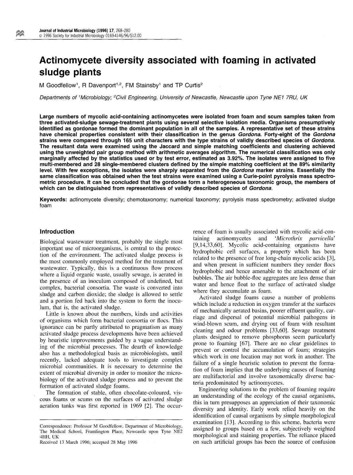 Actinomycete diversity associated with foaming in activated sludge plants by Unknown