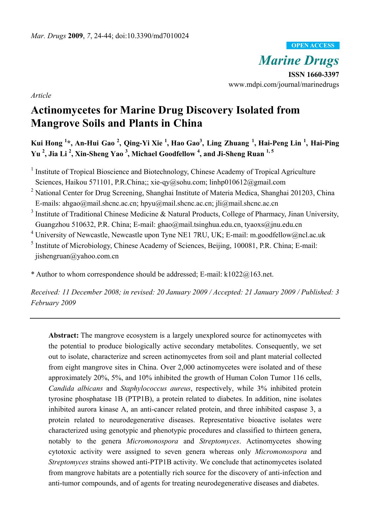 Actinomycetes for Marine Drug Discovery Isolated from Mangrove Soils and Plants in China by unknow