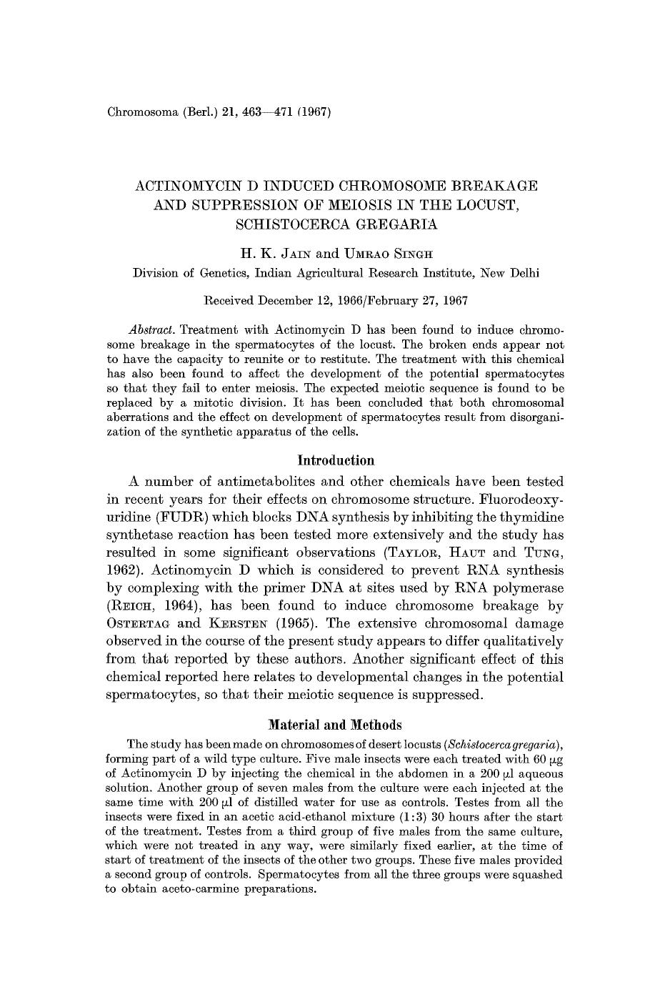 Actinomycin D induced chromosome breakage and suppression of meiosis in the locust, Schistocerca gregaria by Unknown