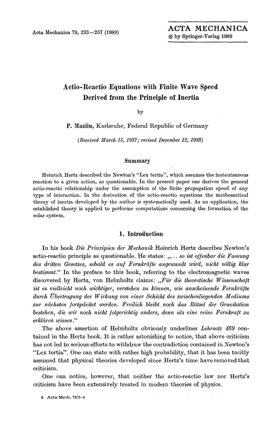 Actio-reactio equations with finite wave speed derived from the principle of inertia by Unknown