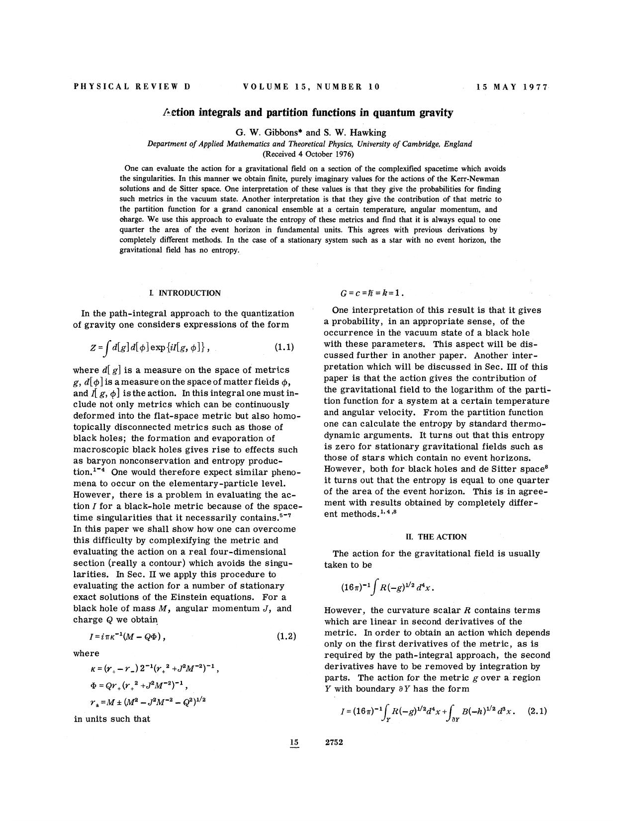 Action integrals and partition functions in quantum gravity by G. W. Gibbons & S. W. Hawking