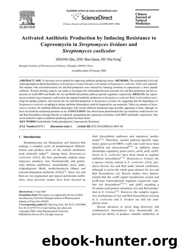 Activated Antibiotic Production by Inducing Resistance to Capreomycin in Streptomyces lividans and Streptomyces coelicolor by ZHANG; Qin ZHU; Bao-Quan HU