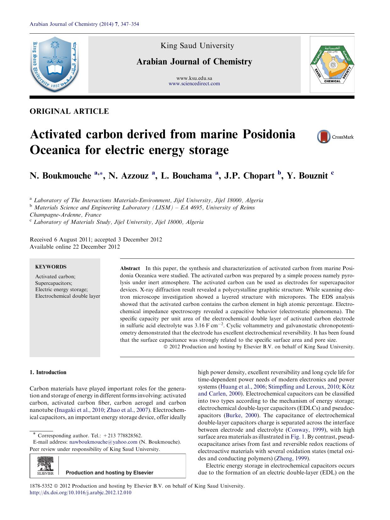 Activated carbon derived from marine Posidonia Oceanica for electric energy storage by N. Boukmouche & N. Azzouz & L. Bouchama & J.P. Chopart & Y. Bouznit