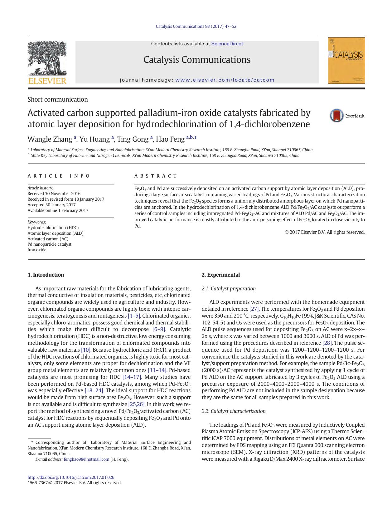 Activated carbon supported palladium-iron oxide catalysts fabricated by atomic layer deposition for hydrodechlorination of 1,4-dichlorobenzene by Wangle Zhang & Yu Huang & Ting Gong & Hao Feng