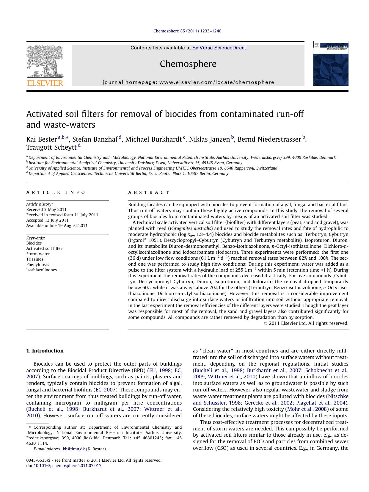 Activated soil filters for removal of biocides from contaminated run-off and waste-waters by unknow