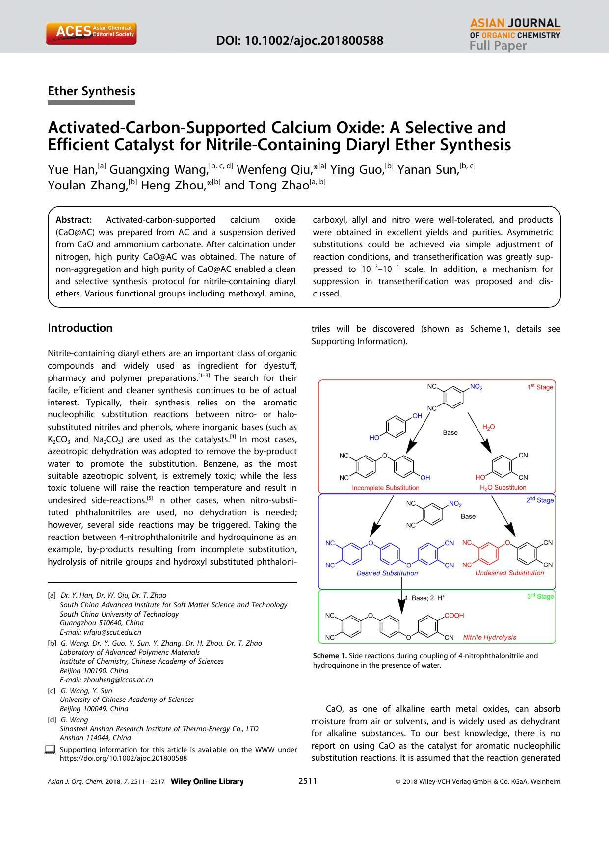 ActivatedâCarbonâSupported Calcium Oxide: A Selective and Efficient Catalyst for NitrileâContaining Diaryl Ether Synthesis by Unknown