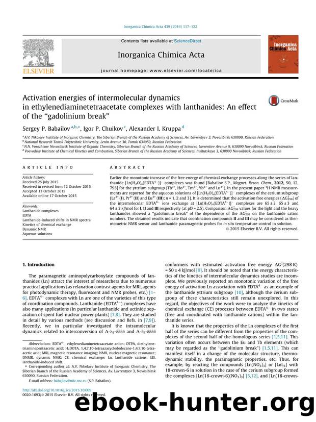 Activation energies of intermolecular dynamics in ethylenediaminetetraacetate complexes with lanthanides: An effect of the Ã¢â¬Ågadolinium breakÃ¢â¬â¢ by Sergey P. Babailov & Igor P. Chuikov & Alexander I. Kruppa