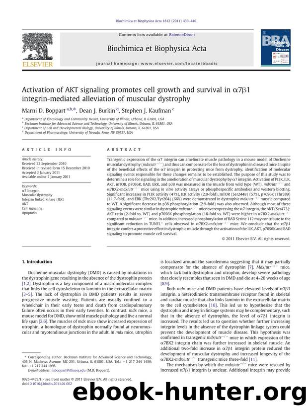 Activation of AKT signaling promotes cell growth and survival in Î±7Î²1 integrin-mediated alleviation of muscular dystrophy by Marni D. Boppart