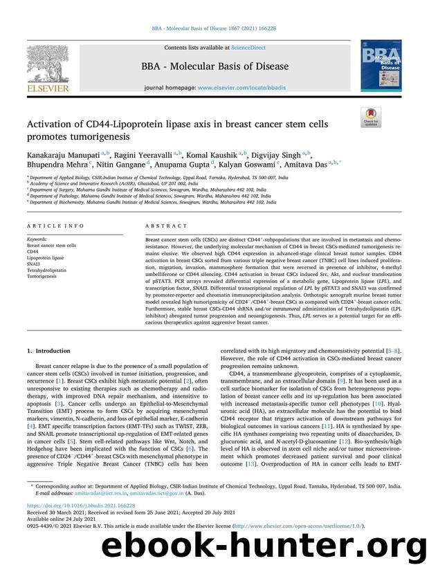 Activation of CD44-Lipoprotein lipase axis in breast cancer stem cells promotes tumorigenesis by unknow