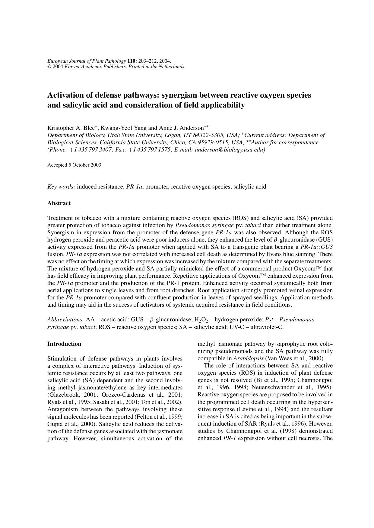Activation of Defense Pathways: Synergism between Reactive Oxygen Species and Salicylic Acid and Consideration of Field Applicability by Unknown