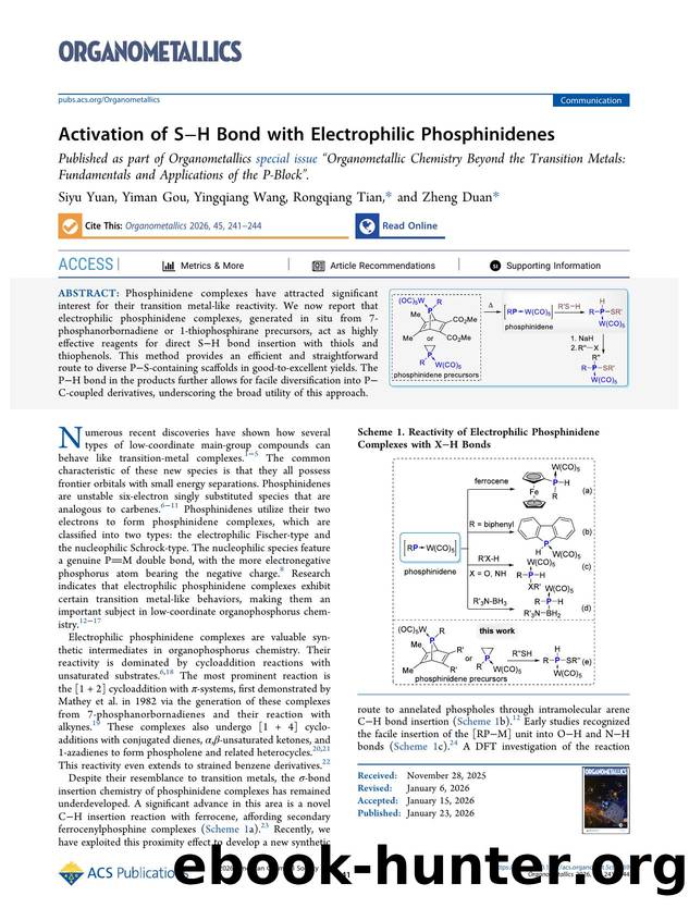 Activation of SâH Bond with Electrophilic Phosphinidenes by Siyu Yuan Yiman Gou Yingqiang Wang Rongqiang Tian and Zheng Duan