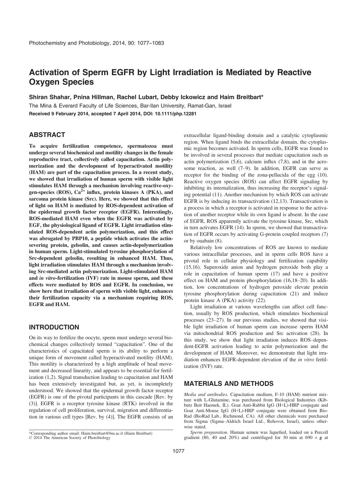 Activation of Sperm EGFR by Light Irradiation is Mediated by Reactive Oxygen Species by Unknown