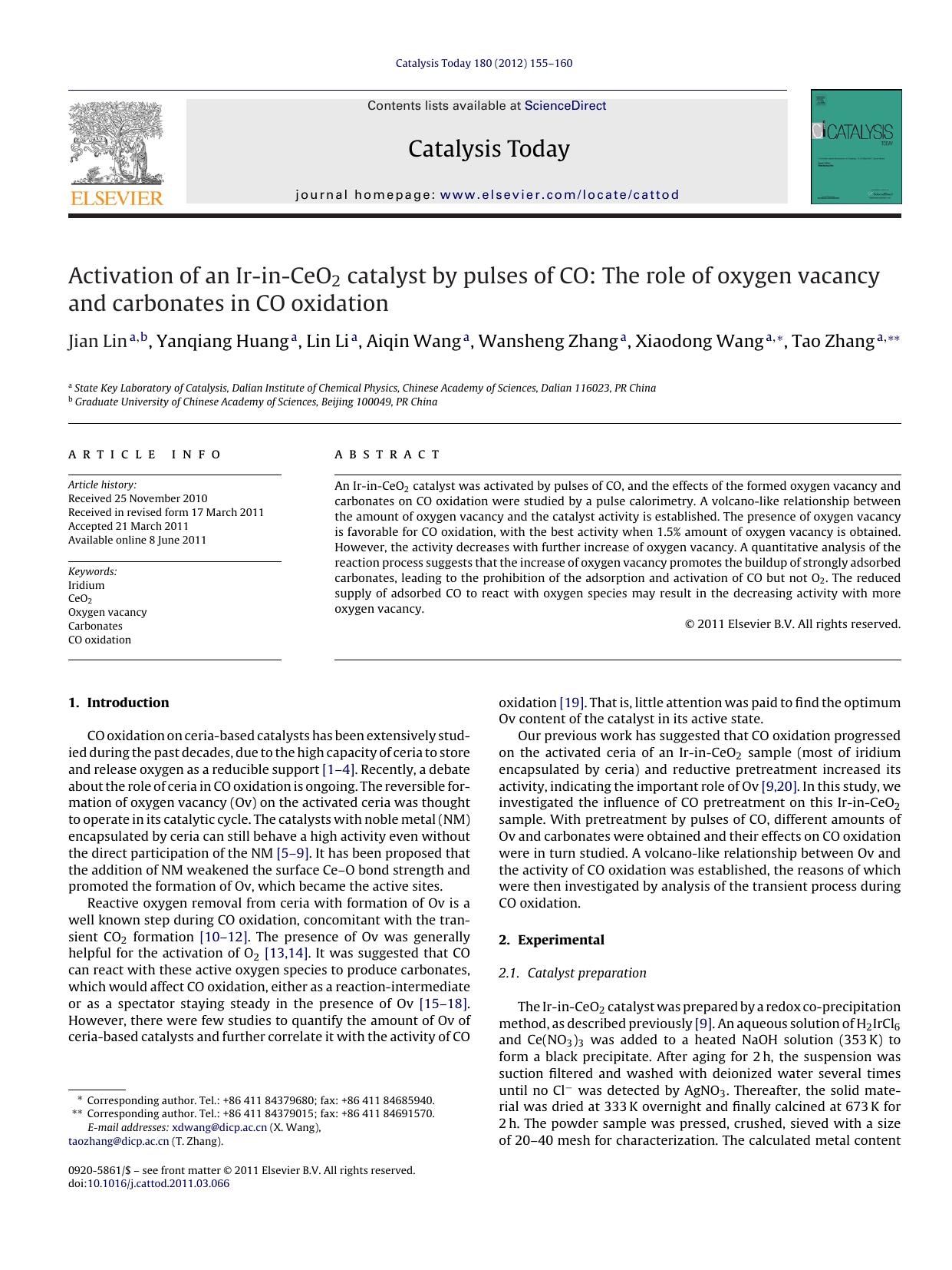 Activation of an Ir-in-CeO2 catalyst by pulses of CO: The role of oxygen vacancy and carbonates in CO oxidation by Jian Lin