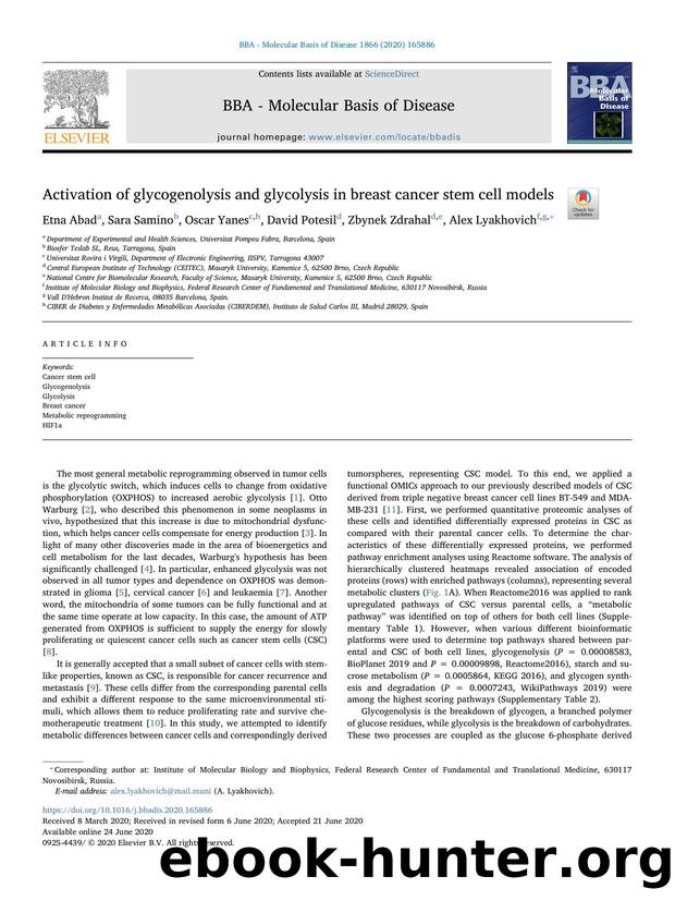 Activation of glycogenolysis and glycolysis in breast cancer stem cell models by Etna Abad & Sara Samino & Oscar Yanes & David Potesil & Zbynek Zdrahal & Alex Lyakhovich
