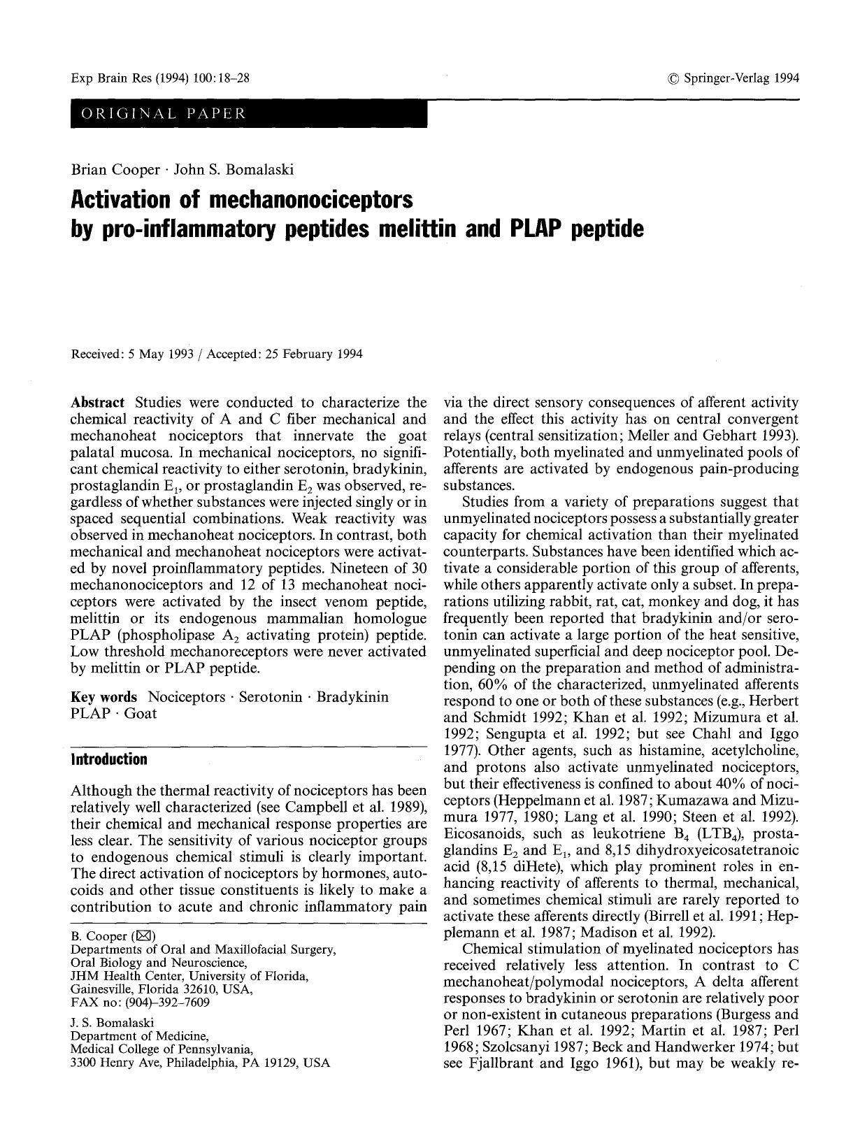 Activation of mechanonociceptors by pro-inflammatory peptides melittin and PLAP peptide by Unknown