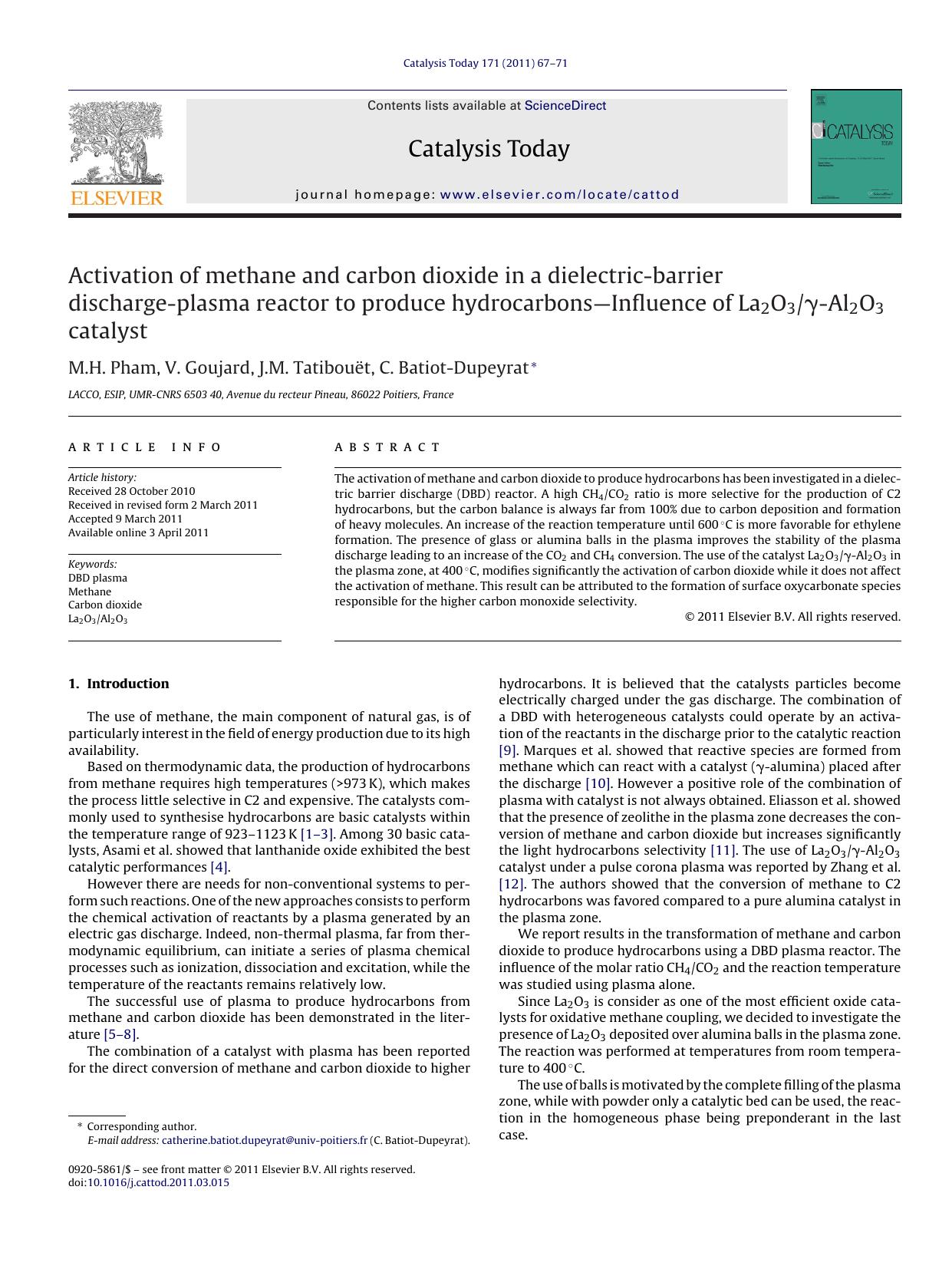 Activation of methane and carbon dioxide in a dielectric-barrier discharge-plasma reactor to produce hydrocarbonsÃ¢â¬âInfluence of La2O3ÃÂ³-Al2O3 catalyst by M.H. Pham