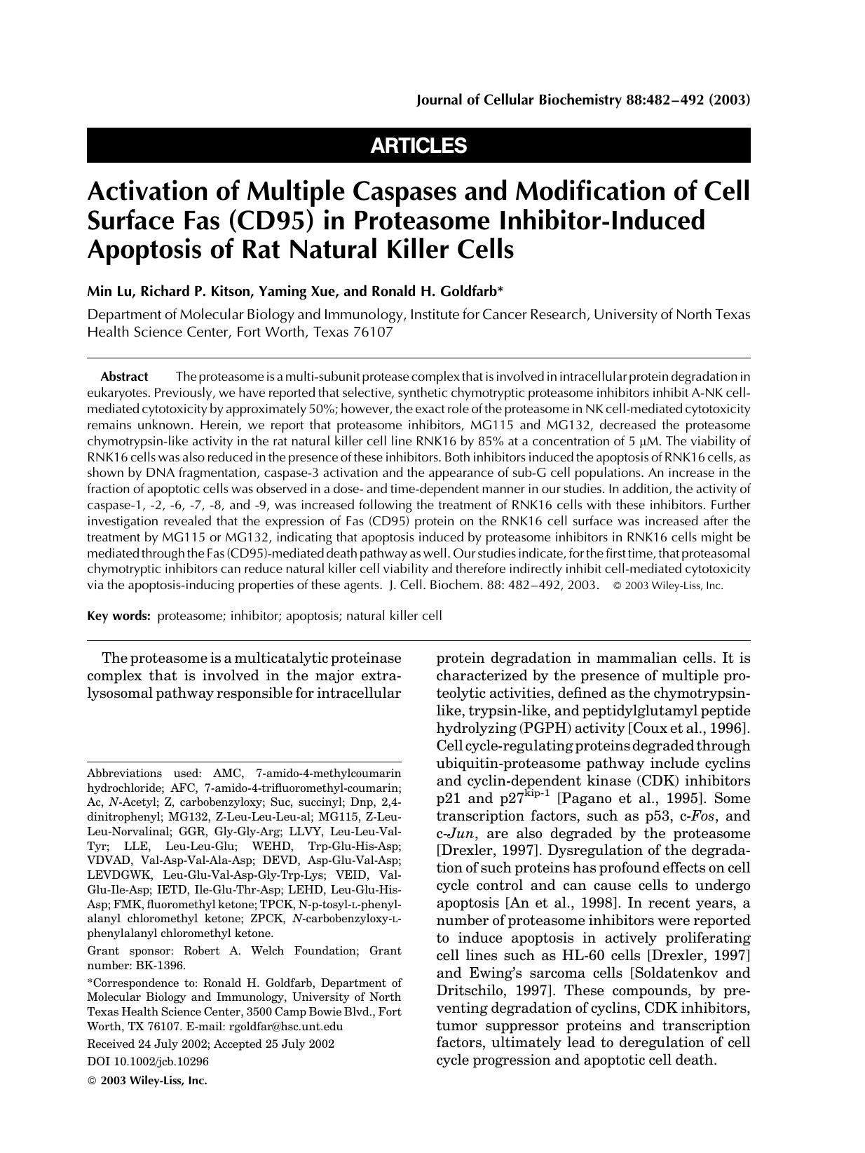 Activation of multiple caspases and modification of cell surface fas (CD95) in proteasome inhibitor-induced apoptosis of rat natural killer cells by Unknown
