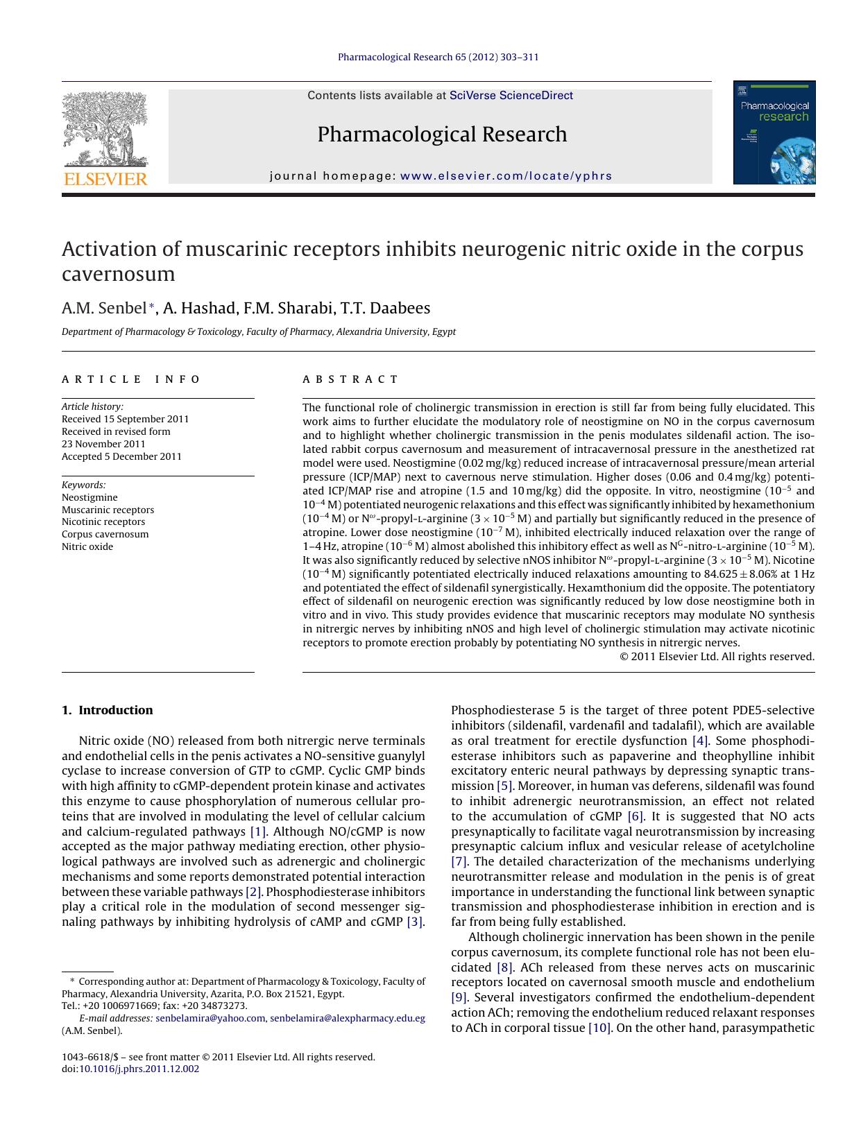 Activation of muscarinic receptors inhibits neurogenic nitric oxide in the corpus cavernosum by A.M. Senbel