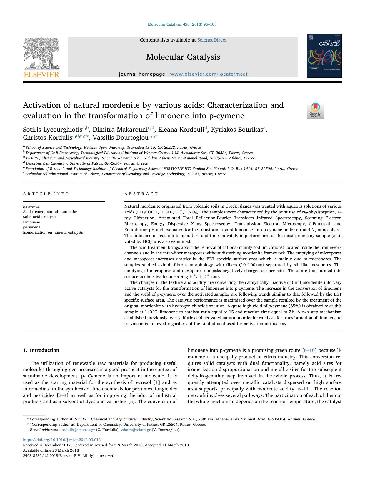 Activation of natural mordenite by various acids_ Characterization and evaluation in the transformation of limonene into p-cymene by unknow