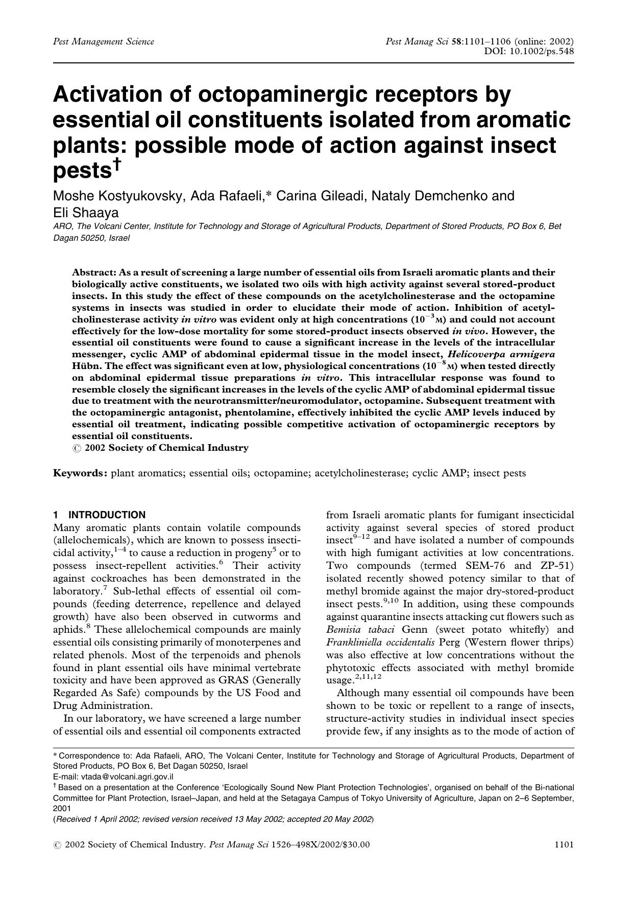 Activation of octopaminergic receptors by essential oil constituents isolated from aromatic plants: possible mode of action against insect pests by Unknown