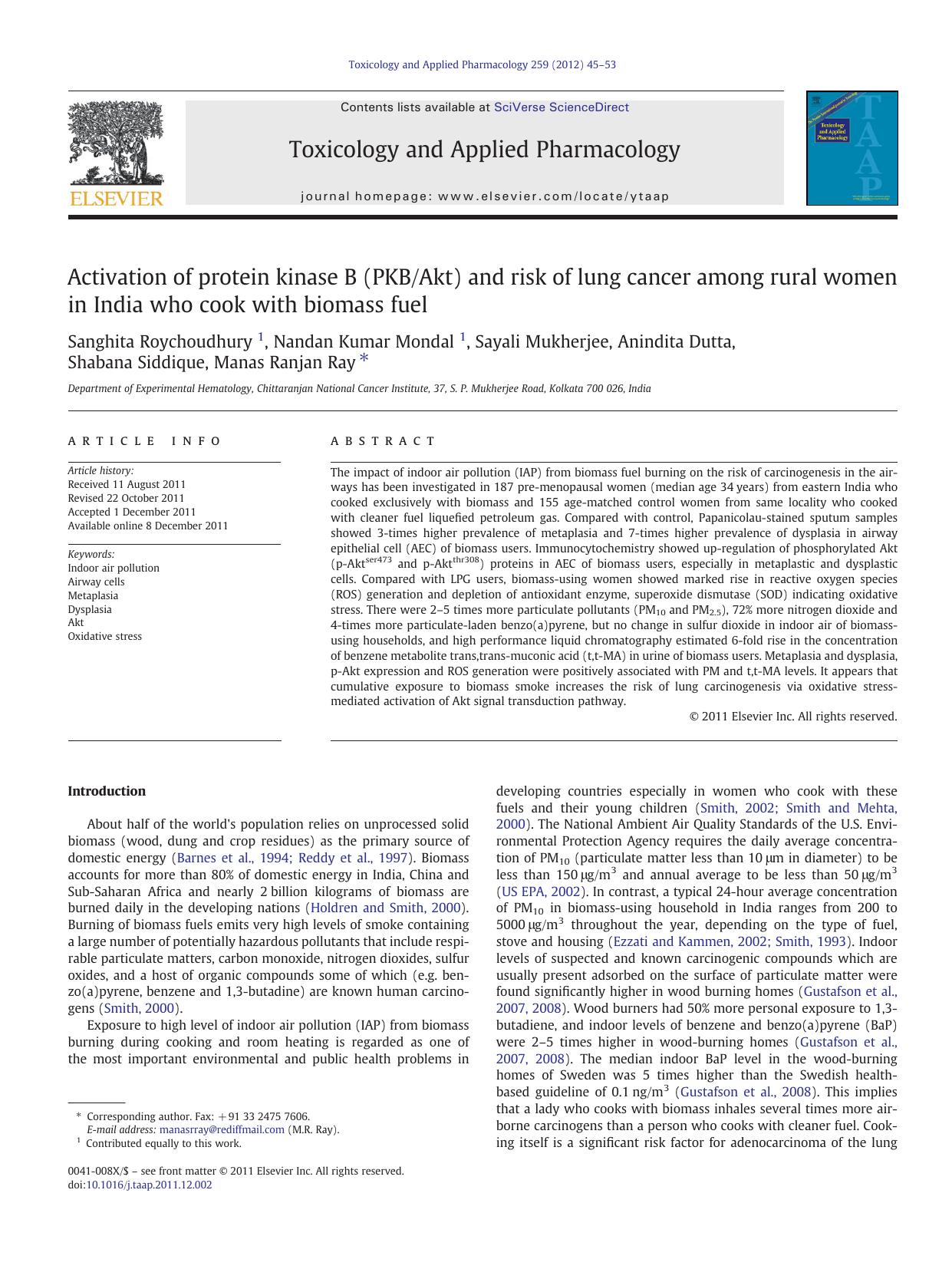 Activation of protein kinase B (PKBAkt) and risk of lung cancer among rural women in India who cook with biomass fuel by unknow