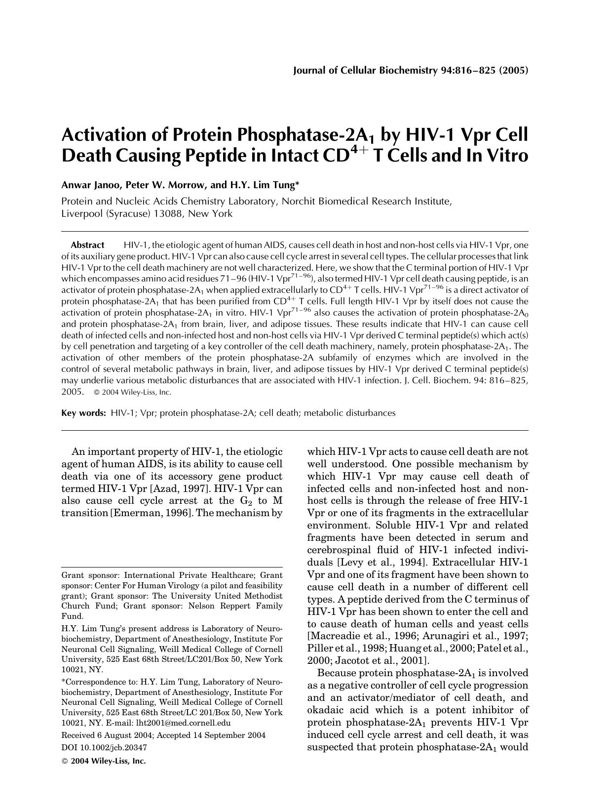 Activation of protein phosphatase-2A1 by HIV-1 Vpr Cell death causing peptide in intact CD4+ T cells and in vitro by Unknown