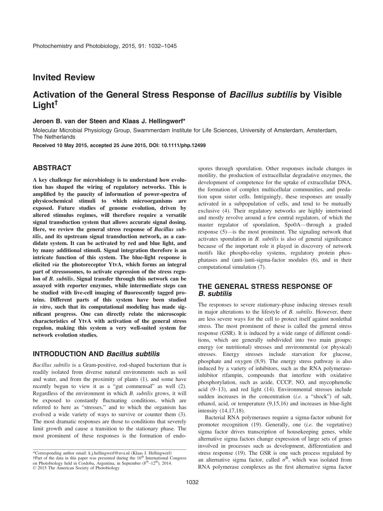 Activation of the General Stress Response of Bacillus subtilis by Visible Light by Unknown
