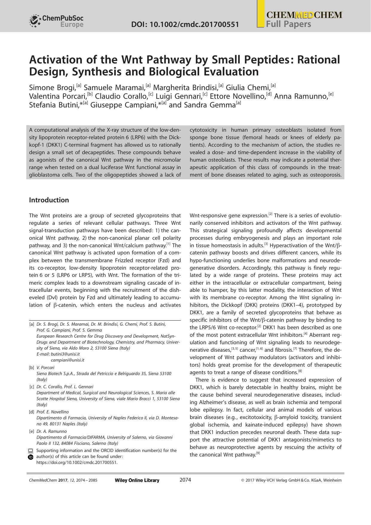 Activation of the Wnt Pathway by Small Peptides: Rational Design, Synthesis and Biological Evaluation by Unknown