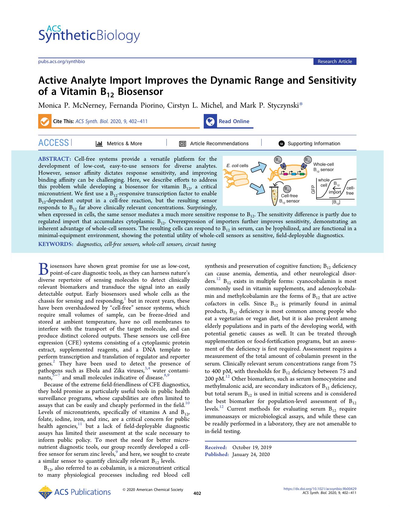 Active Analyte Import Improves the Dynamic Range and Sensitivity of a Vitamin B12 Biosensor by Monica P. McNerney Fernanda Piorino Cirstyn L. Michel and Mark P. Styczynski