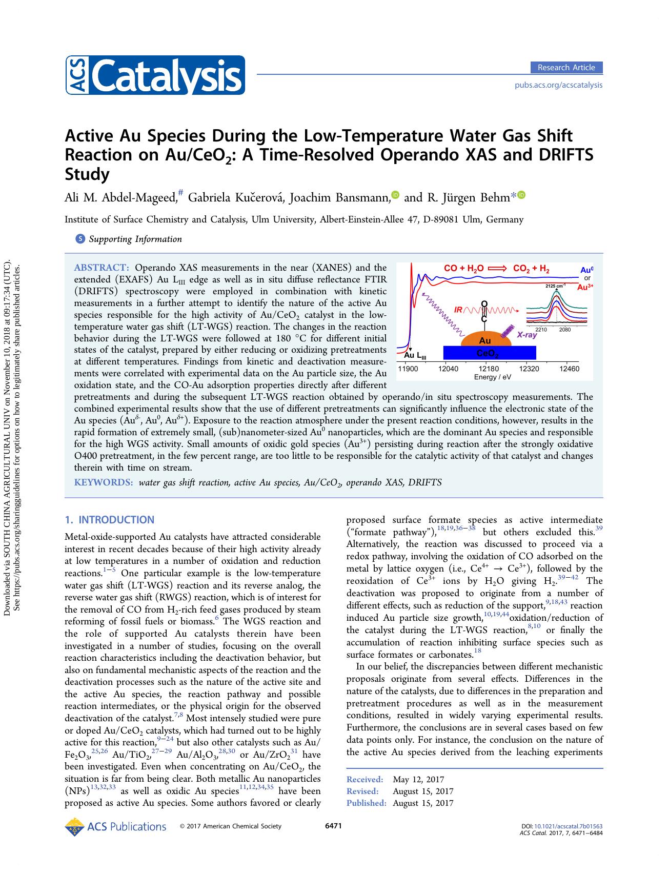 Active Au Species During the Low-Temperature Water Gas Shift Reaction on AuCeO2: A Time-Resolved Operando XAS and DRIFTS Study by Ali M. Abdel-Mageed Gabriela Kučerová Joachim Bansmann & R. Jürgen Behm