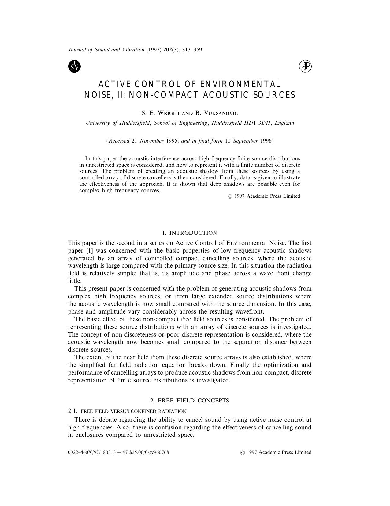 Active Control of Environmental Noise, II: Non-Compact Acoustic Sources by Wright S. E. & Vuksanovic B