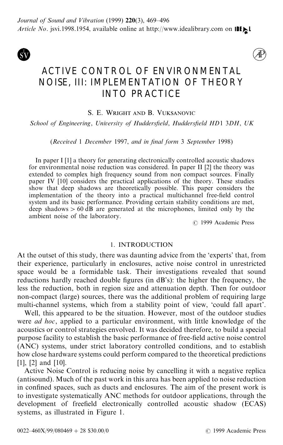 Active Control of Environmental Noise, III: Implementation of Theory into Practice by Wright S. E. & Vuksanovic B