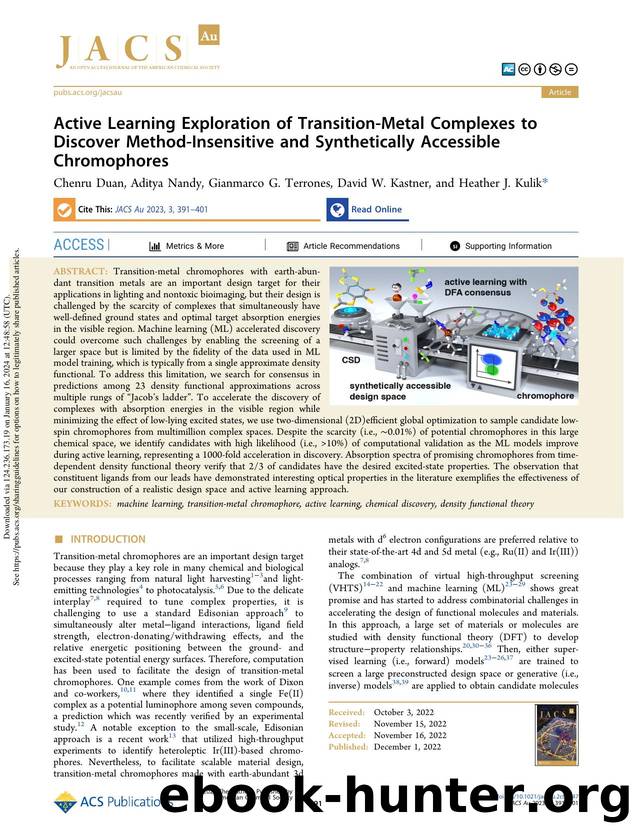 Active Learning Exploration of Transition-Metal Complexes to Discover Method-Insensitive and Synthetically Accessible Chromophores by Chenru Duan Aditya Nandy Gianmarco G. Terrones David W. Kastner & Heather J. Kulik