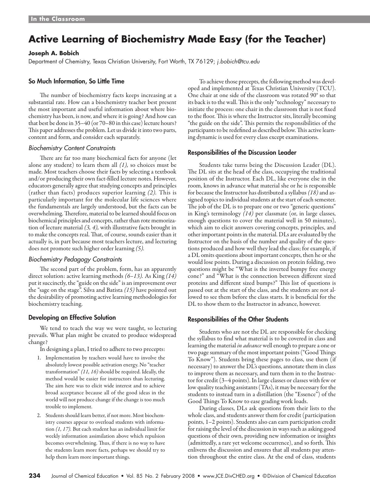 Active Learning of Biochemistry Made Easy (for the Teacher) by Joseph A. Bobich