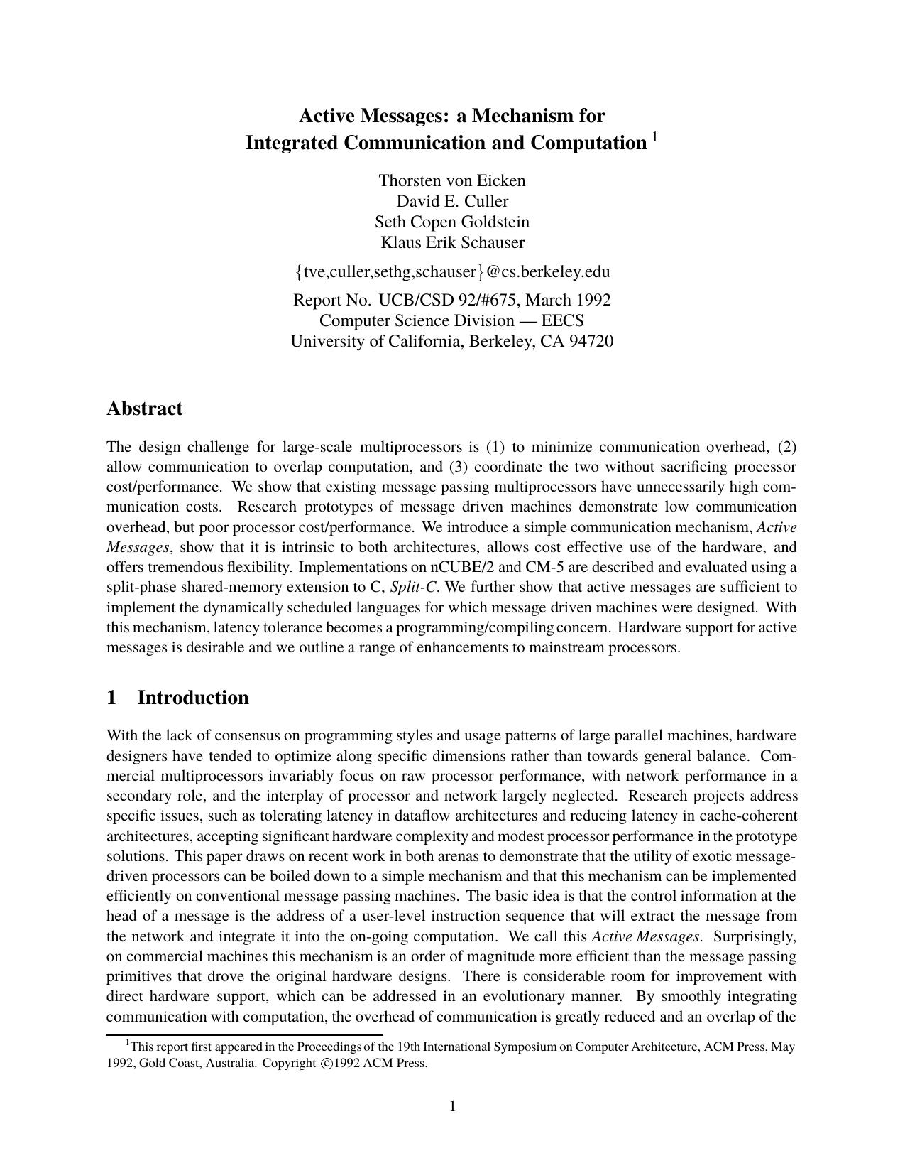 Active Messages by a Mechanism for Integrated Communication & Computation