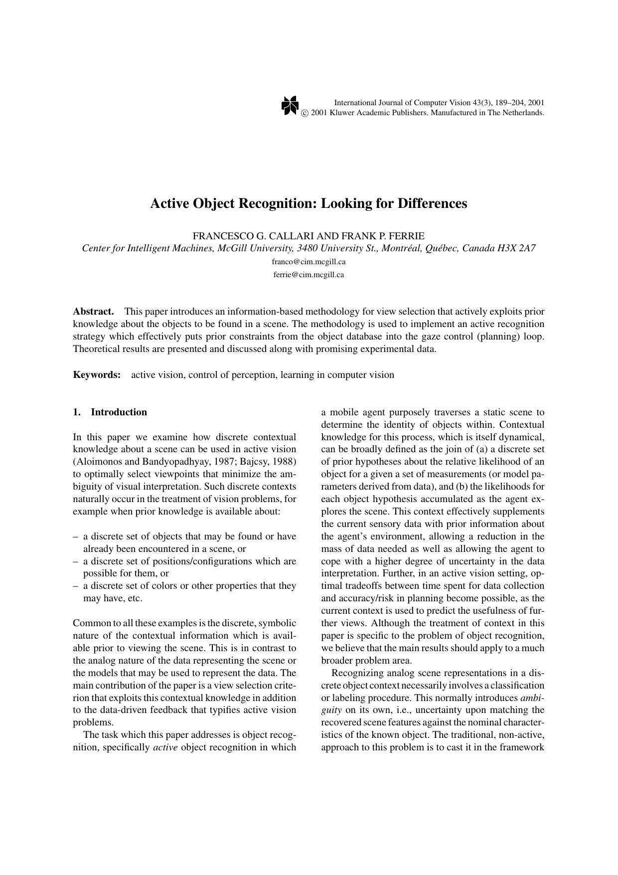 Active Object Recognition: Looking for Differences by Active Object Recognition Looking for Differences