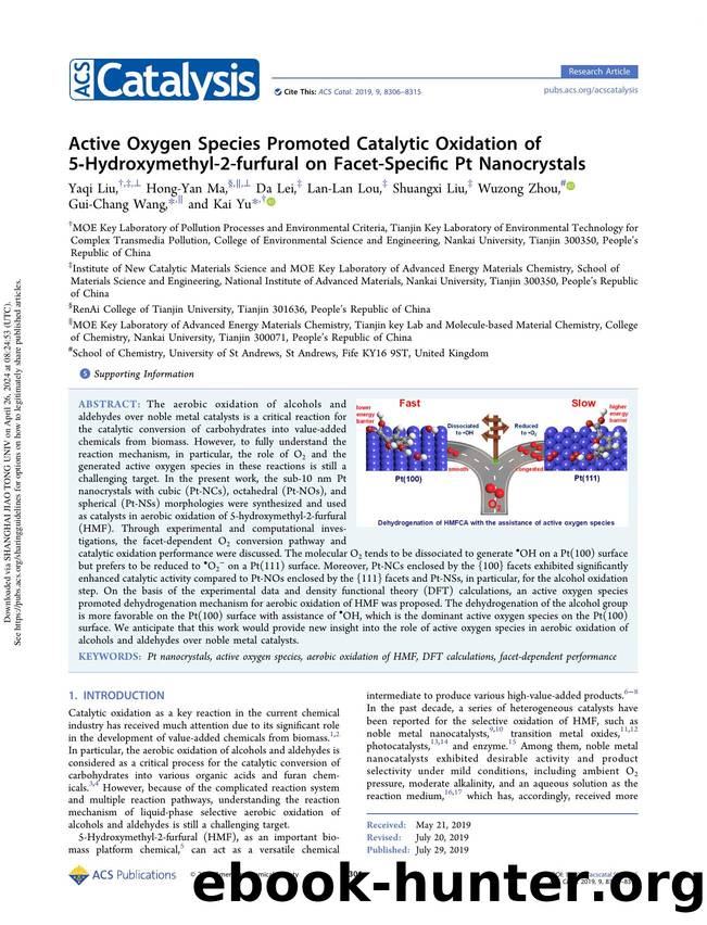 Active Oxygen Species Promoted Catalytic Oxidation of 5-Hydroxymethyl-2-furfural on Facet-Specific Pt Nanocrystals by Yaqi Liu Hong-Yan Ma Da Lei Lan-Lan Lou Shuangxi Liu Wuzong Zhou Gui-Chang Wang & Kai Yu