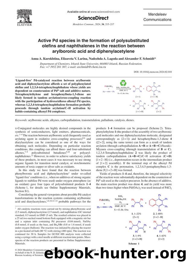 Active Pd species in the formation of polysubstituted olefins and naphthalenes in the reaction between arylboronic acid and diphenylacetylene by Anna A. Kurokhtina & Elizaveta V. Larina & Nadezhda A. Lagoda & Alexander F. Schmidt